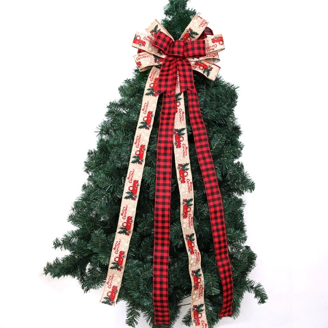Grande Fiocco per Puntale Albero di Natale Rosso Nero Buffalo Plaid Fiocco in Juta Con Stampa Camion Rosso Vintage per Decorazioni