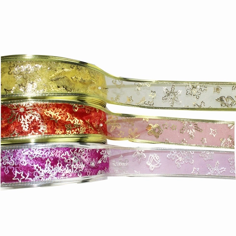 Nastro in Organza Con Fiocco di Neve Natalizio Con Bordo Metallico Per Decorazione Albero di Natale Confezione Regalo Festa