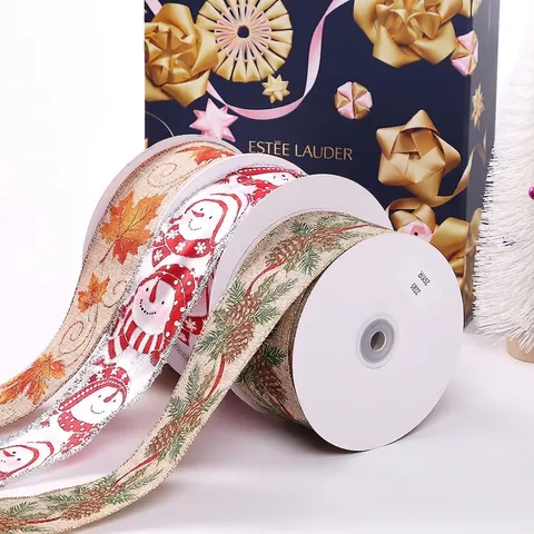 Cinta Decorativa con Borde con Alambre Diseños de Muñeco de Nieve y Hoja de Arce Poliéster Estampado Efecto Arpillera Cinta de Regalo Navideño para Navidad Fiesta