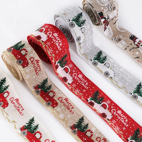 5m Nastro di Natale in Lino Con Bordo Cablato Stampa Camion Rosso Vintage Pupazzo di Neve per Decorazione Albero di Natale