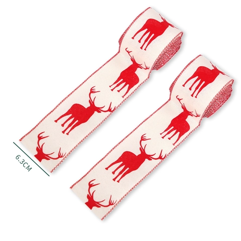 Nastro Natalizio con Alce Largo 6.3cm in Imitazione Lino Stampato con Bordo Animato per Decorazione Albero Natale Fai Da Te