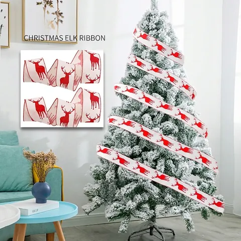 Nastro Natalizio con Alce Largo 6.3cm in Imitazione Lino Stampato con Bordo Animato per Decorazione Albero Natale Fai Da Te