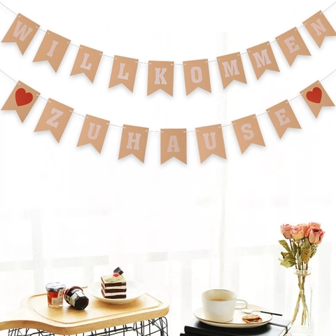 Willkommen Zuhause Banner di Benvenuto Tedesco in Carta Kraft Bandiera a Coda di Rondine Decorazione con Cuore per Casa Festa