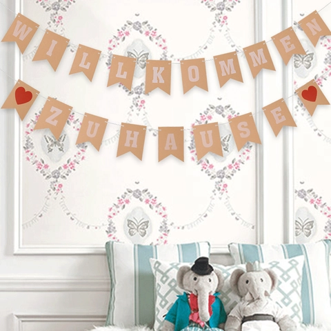 Willkommen Zuhause Banner di Benvenuto Tedesco in Carta Kraft Bandiera a Coda di Rondine Decorazione con Cuore per Casa Festa