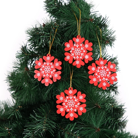 Addobbi Natalizi in Legno Rossi Bianchi Stampati a Forma di Fiocco di Neve Stella Albero Ciondoli per Albero di Natale Cordino Oro