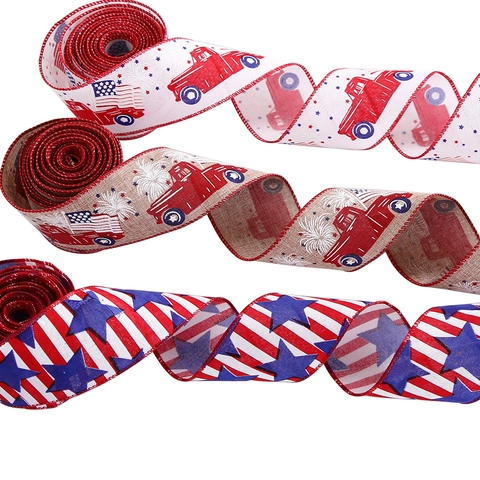 Nastro Decorativo Patriottico Giorno dell'Indipendenza Bordo Cablato Decorazione Festa 4 Luglio Bandiera USA Stelle Camion Rosso