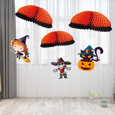 Decorazioni Appese a Paracadute in Carta a Nido d Ape di Halloween Set Scheletro Strega Gatto Nero Oggetti di Scena per Feste