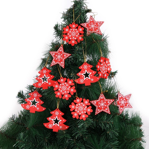 Addobbi Natalizi in Legno Rossi Bianchi Stampati a Forma di Fiocco di Neve Stella Albero Ciondoli per Albero di Natale Cordino Oro