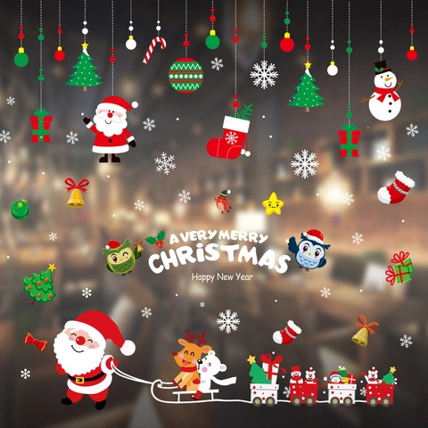Christmas Window Static Sticker Santa Claus Reindeer Snowflake PVC Decal Removable Holiday Home Shop Window Decoration Clings