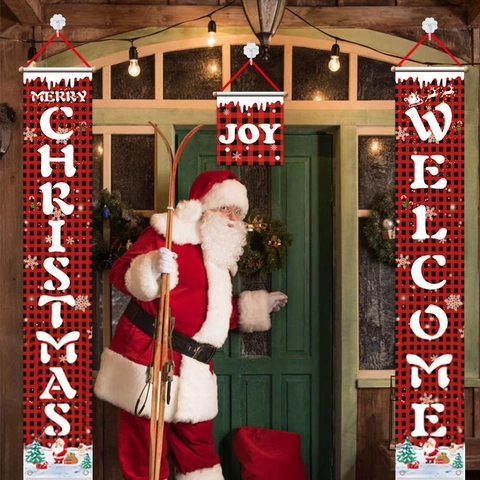 Bannière de Porche de Noël Carreaux Buffalo Tissu Oxford Décoration Suspendue Pour Porte Merry Christmas Joy Welcome Bannière