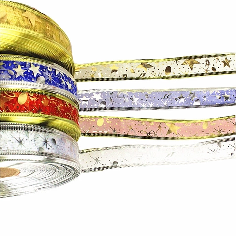 Nastro di Natale Largo 2.5cm 100 Yards Motivo a Stelle Luna Fiocchi di Neve Nastro in Garza Trasparente Bordo Metallico per Confezioni Regalo Fai-da-Te Decorazione Festa di Natale