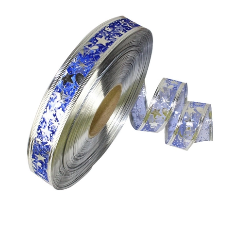 Nastro di Natale Largo 2.5cm 100 Yards Motivo a Stelle Luna Fiocchi di Neve Nastro in Garza Trasparente Bordo Metallico per Confezioni Regalo Fai-da-Te Decorazione Festa di Natale