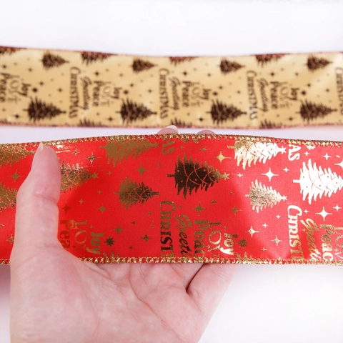 Printed Christmas Ribbon Wide Christmas Tree Decoration Ribbon With Letter Print For Holiday Gift Wrap Xmas Tree Decor Gold Silver Red