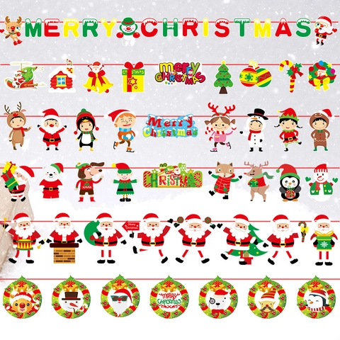 Ensemble de Guirlandes de Bannières en Papier de Noël Joyeux Noël Père Noël Renne Bonhomme de Neige Dessin Animé Ornements Suspendus