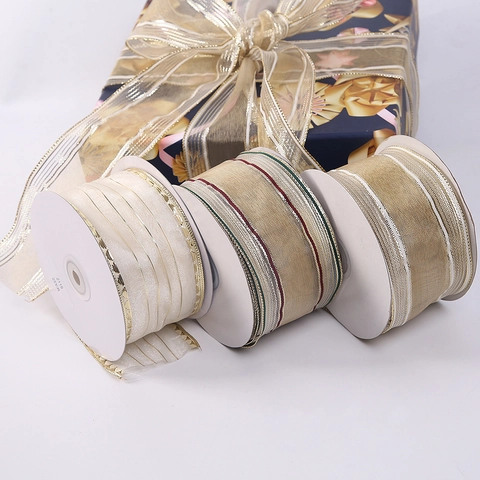 Weihnachten Drahtrand Dekoratives Band Polyester Durchscheinend Metallic Gestreiftes Band Für Feiertag Geschenkverpackung Party Dekor DIY Handwerk