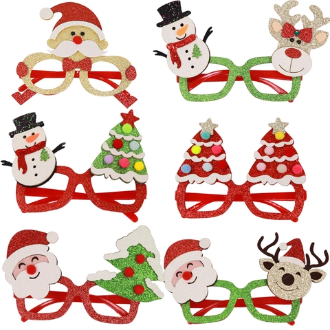 Christmas Decorative Glasses Frames Cartoon Santa Snowman Reindeer Elf Glitter Eyewear For Kids Adults Holiday Party Decor
