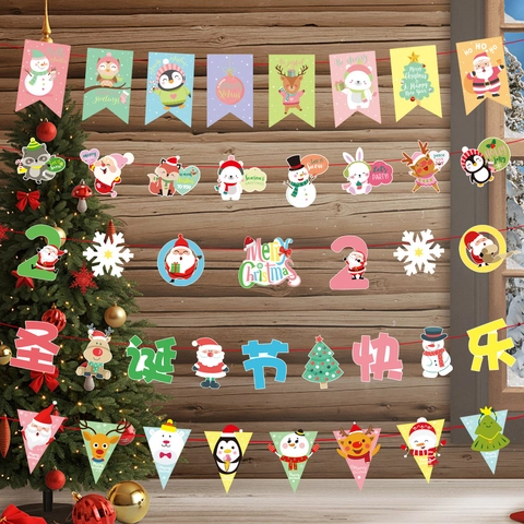 Pancarta de Papel de Navidad Dibujos Animados Macarrón Papá Noel Reno Muñeco de Nieve Guirnalda Para Decoraciones de Fiesta Navideña