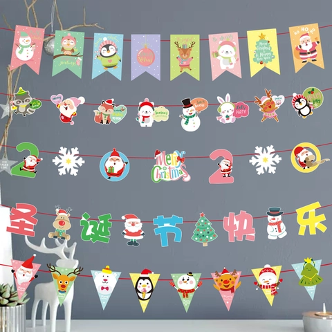 Pancarta de Papel de Navidad Dibujos Animados Macarrón Papá Noel Reno Muñeco de Nieve Guirnalda Para Decoraciones de Fiesta Navideña