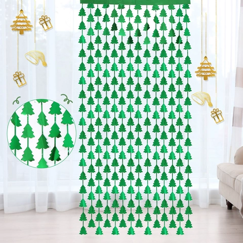 Cortina de Oropel de Flecos de Papel Metálico con Forma de Árbol de Navidad Decoración de Fiesta Fondo de Puerta PET Banner Adorno
