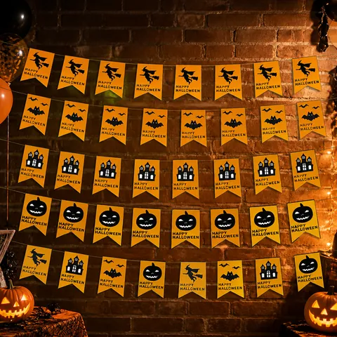 Halloween Decoration Non-woven Fabric Banner Happy Halloween Pumpkin Bat Witch Silhouette Garland For Party Wall Decor