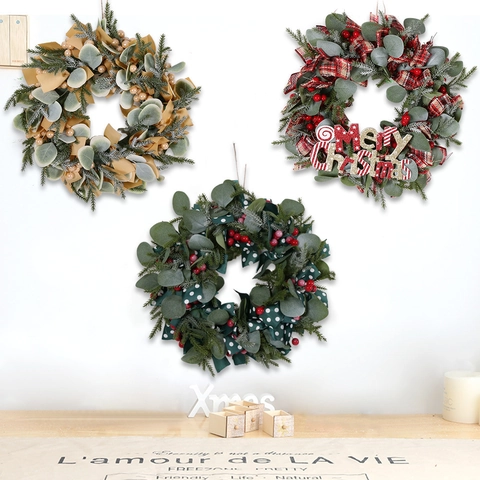 Ghirlanda Di Natale Artificiale Con Scritta Merry Christmas Foglie Di Eucalipto Bacche Rosse Fiocco Per Decorazione Porta Parete