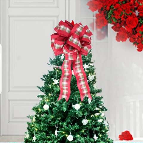 Grande Fiocco di Natale a Quadri Decorazione per Albero di Natale Rosso Verde Fiocco in Tessuto per Festa di Natale Casa