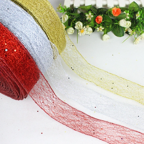 Nastro in Rete Glitterata di Natale per Decorazione Albero di Natale Confezioni Regalo Festive Forniture Fai da Te Oro Argento Rosso