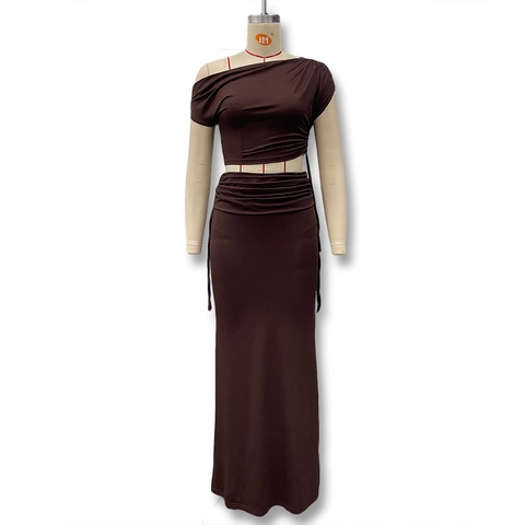 Women Sexy Brown Two Piece Skirt Set One Shoulder Ruched Crop Top And High Waist Slim Fit Maxi Skirt Summer Streetwear Outfit