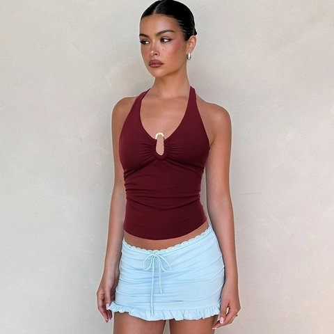 Women Halter Backless Tank Top Metal Ring Ruched Tie Back Slim Fit Sexy Sleeveless Polyester Spandex Summer Fashion Top
