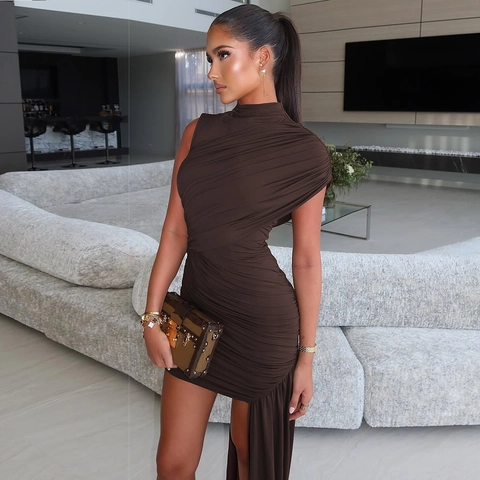 Elegant Asymmetric Ruched Sleeveless Dress For Women High Neck Bodycon Party Dress With Long Streamer Night Out Cocktail Dress