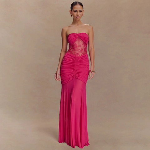 Abito Maxi da Donna Sexy Senza Spalline Patchwork di Pizzo e Mesh Abito Bodycon Increspato Tube Top Clubwear Abito da Sera Slim
