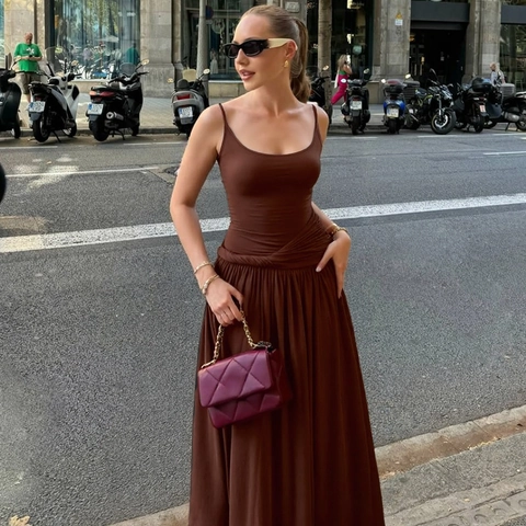 Elegant French Sexy Spaghetti Strap Maxi Dress Slim Fit Ruched Gathering High Waist Polyester Long Dress Urban Chic
