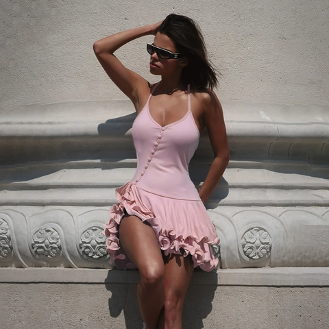 Abito Mini Donna Estivo Sexy Halter con Volant Monopetto Senza Maniche Schiena Scoperta Slim Fit Bodycon Street Style