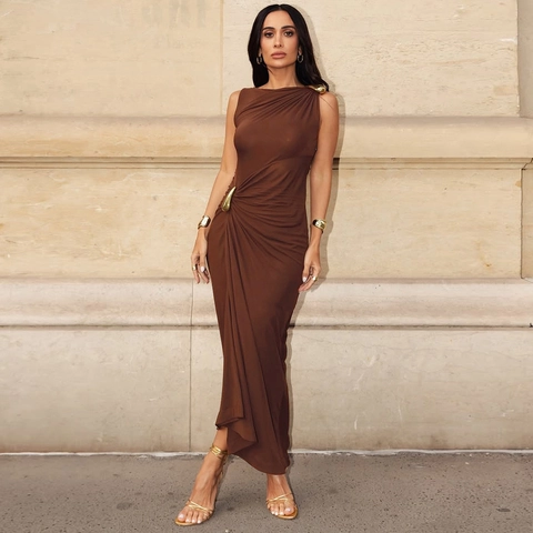 Donna Sexy Senza Maniche Increspato Bodycon Maxi Vestito Metallo Fibbia Decorazione Aderente Spandex Elegante Sera Festa Vestito