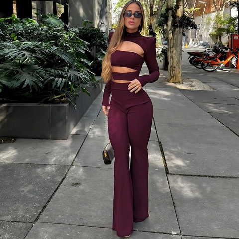 Conjunto de Dos Piezas para Mujer Sexy Calado Cuello Alto Manga Larga y Pantalón de Campana Cintura Alta Color Sólido