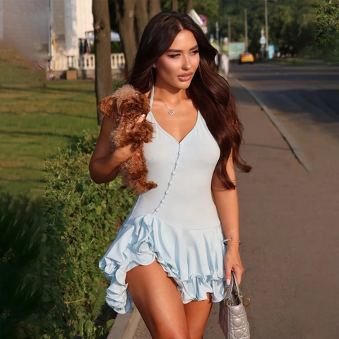Robe Dos Nu Sexy pour Femme avec Ourlet à Volants Robe Courte Moulante à Boutonnage Simple Été Sans Manches Patchwork Coupe Ajustée Fête