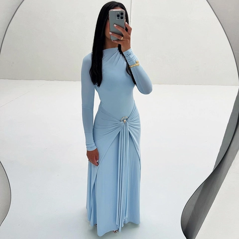 Elegant Women Long Sleeve Maxi Dress Ruched Waist With Metal Buckle Mock Neck Polyester Spandex Slim Fit Bodycon Dress