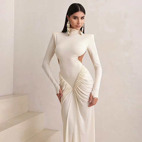 Elegantes Hochgeschlossenes Langarm Maxi Kleid Für Damen Gerafft Ausgeschnitten Rückenfrei Slim Fit Bodycon Bankett Abendkleid