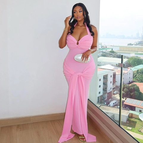Women Halter Backless Maxi Dress Ruched Sexy V Neck Sleeveless Bodycon Evening Party Dress Polyester Spandex Slim Fit Dress