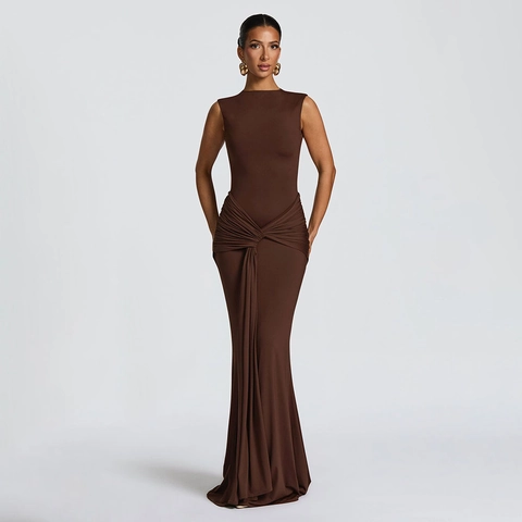 Women Sexy Backless Ruched Mermaid Maxi Dress Sleeveless Round Neck Solid Color Elegant Party Evening Bodycon Long Dress