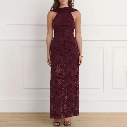 Abito Lungo in Pizzo Bordeaux Elegante da Donna Scollo all'Americana Schiena Scoperta Aderente per Matrimonio Eventi Formali