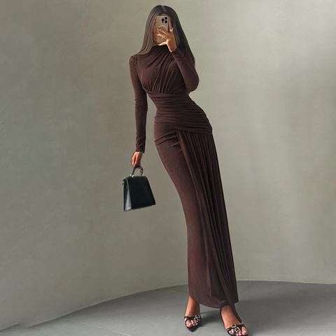 Abito Donna Elegante Arricciato a Maniche Lunghe Maxi Slim Fit Tinta Unita Girocollo Plissettato Lunghezza Pavimento Party
