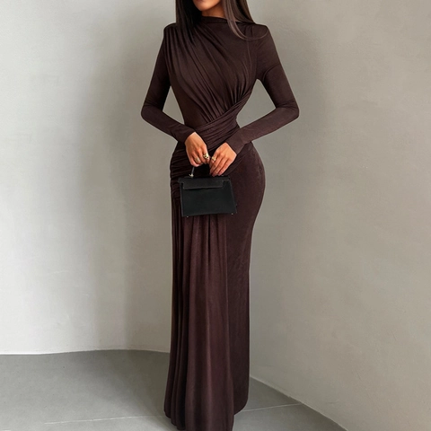 Abito Donna Elegante Arricciato a Maniche Lunghe Maxi Slim Fit Tinta Unita Girocollo Plissettato Lunghezza Pavimento Party