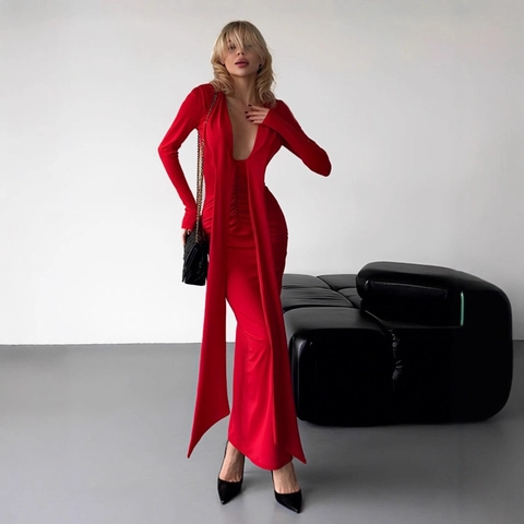 Sexy Scollo a V Profondo Manica Lunga Nastro Abito Maxi Bodycon per Donna Tinta Unita Arricciato Festa Sera Formale Aderente