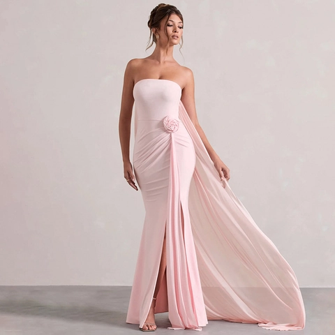 Vestito Maxi Donna Elegante Senza Spalline Spalle Scoperte Con Fiori 3D Spacco Alto Strascico in Rete Abito da Sera
