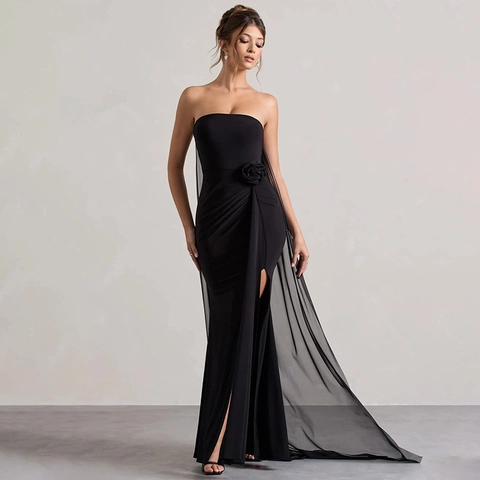 Vestito Maxi Donna Elegante Senza Spalline Spalle Scoperte Con Fiori 3D Spacco Alto Strascico in Rete Abito da Sera