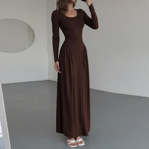 Robe Longue pour Femmes Élégante Française Manches Longues Col en U Coupe Ajustée Plissée Couleur Unie Large Jupe Tricot Polyester Élasthanne