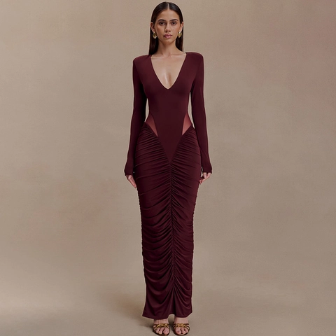 Abito Maxi da Donna Sexy con Scollo a V Profondo e Maniche Lunghe Increspato Traforato Aderente Lunghezza al Pavimento per Feste e Club