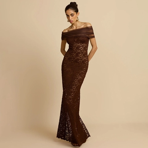 Damen Elegant Spitze Schulterfrei Maxi Kleid Sexy Transparent Patchwork Schlanke Passform Hüftbetont Party Langes Kleid