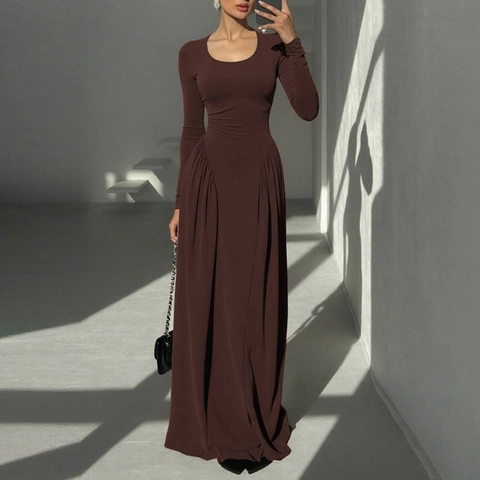 Robe Longue pour Femmes Élégante Française Manches Longues Col en U Coupe Ajustée Plissée Couleur Unie Large Jupe Tricot Polyester Élasthanne